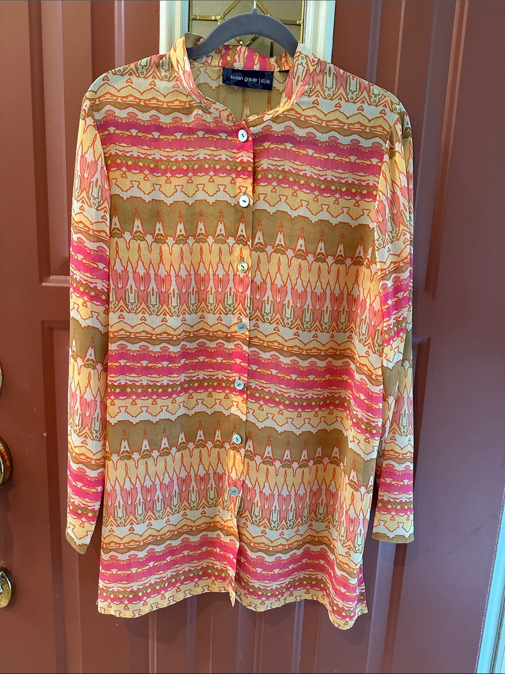 Susan Graver Pink & Mustard Printed Button-Front Tunic